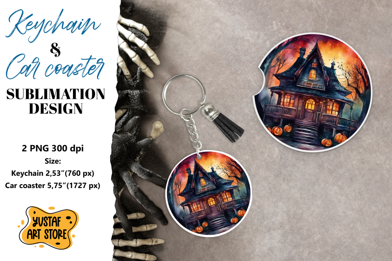 halloween-keychain-amp-car-coaster-sublimation-spooky-house