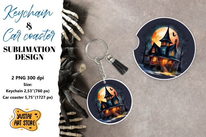 halloween-keychain-amp-car-coaster-sublimation-spooky-house