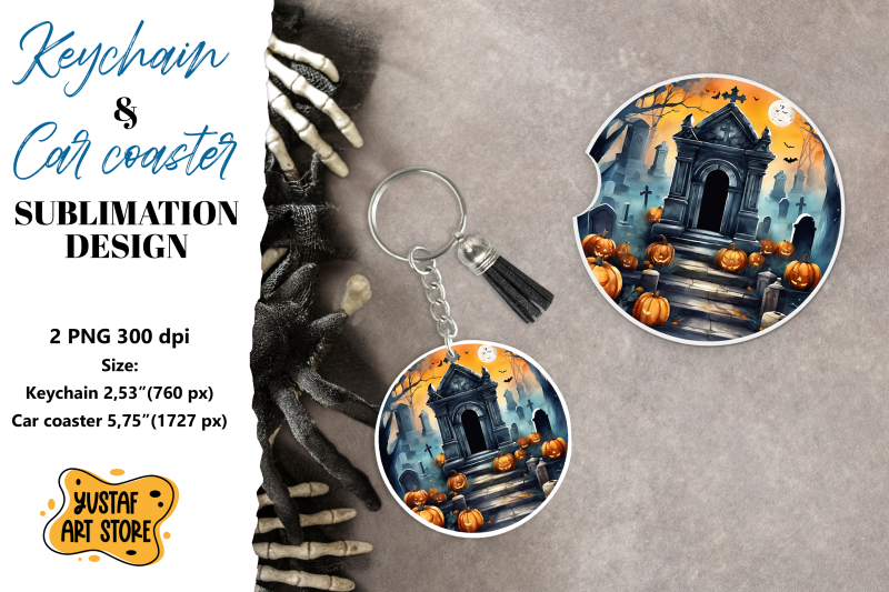 halloween-keychain-amp-car-coaster-sublimation-scary-cemetery