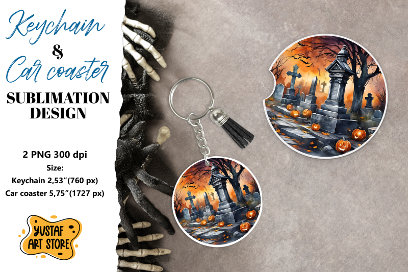 halloween-keychain-amp-car-coaster-sublimation-scary-cemetery