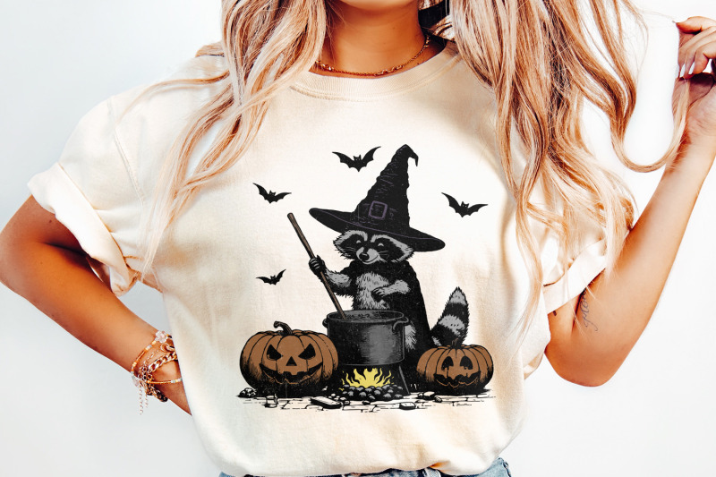 time-to-stir-the-pot-png-funny-raccoon-retro-halloween-png-witches