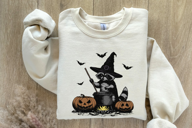 time-to-stir-the-pot-png-funny-raccoon-retro-halloween-png-witches