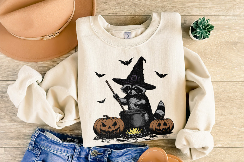 time-to-stir-the-pot-png-funny-raccoon-retro-halloween-png-witches
