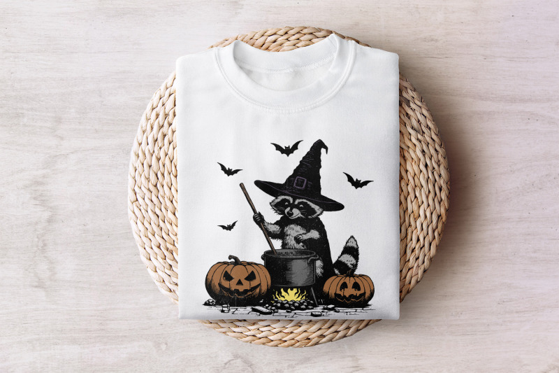 time-to-stir-the-pot-png-funny-raccoon-retro-halloween-png-witches