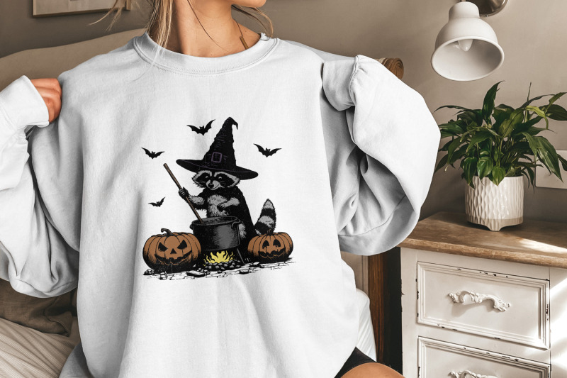 time-to-stir-the-pot-png-funny-raccoon-retro-halloween-png-witches