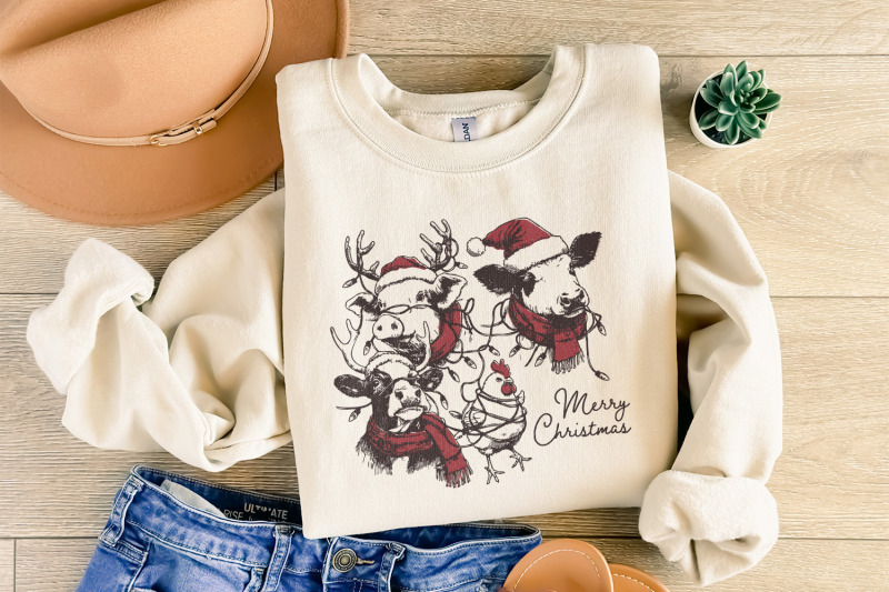 cute-christmas-farm-animals-png-retro-farm-xmas-clipart-highland-cow