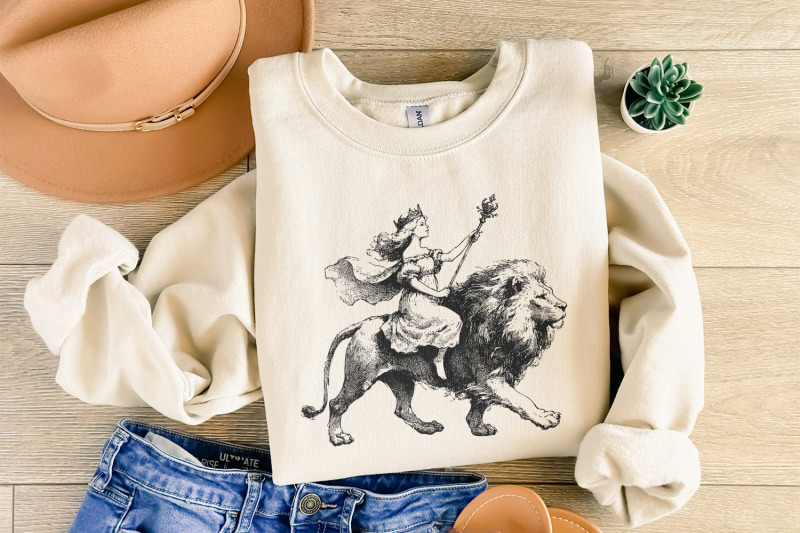 vintage-queen-riding-lion-illustration-regal-artwork-black-and-whit