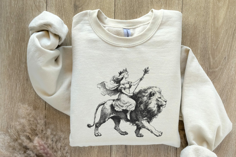 vintage-queen-riding-lion-illustration-regal-artwork-black-and-whit