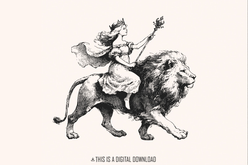 vintage-queen-riding-lion-illustration-regal-artwork-black-and-whit