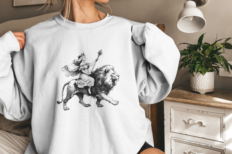 vintage-queen-riding-lion-illustration-regal-artwork-black-and-whit