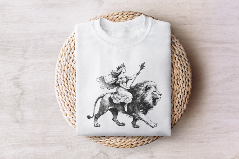 vintage-queen-riding-lion-illustration-regal-artwork-black-and-whit