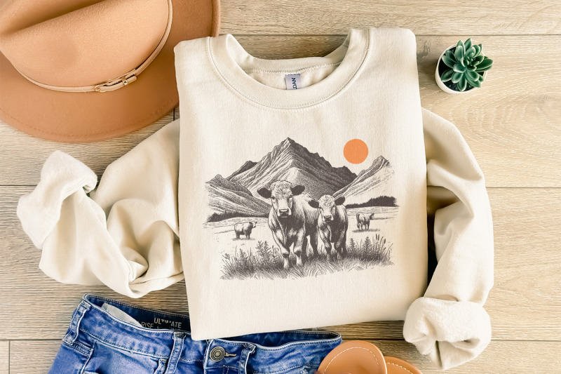 western-cattle-png-retro-cowgirl-design-bohemian-western-art-cow-wr