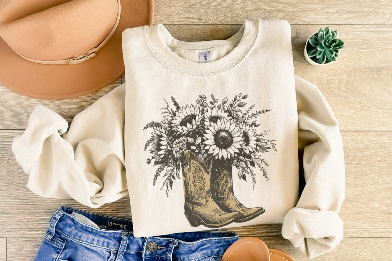 sunflower-cowgirl-boots-png-png-retro-cowgirl-boot-clipart-vintage-f