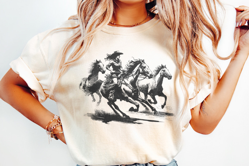 cowgirl-horse-western-png-retro-wild-horses-sublimation-instant-down