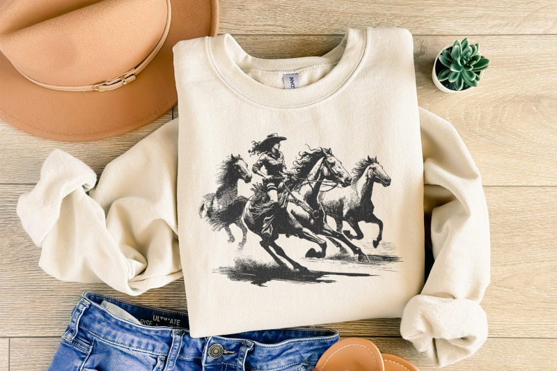 cowgirl-horse-western-png-retro-wild-horses-sublimation-instant-down