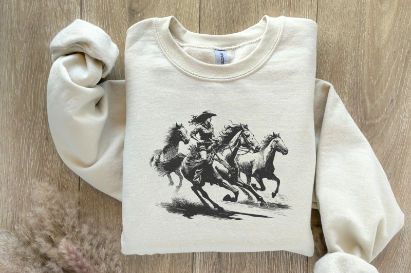cowgirl-horse-western-png-retro-wild-horses-sublimation-instant-down