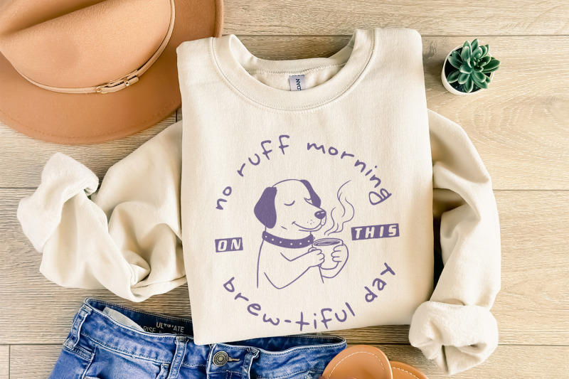 no-ruff-morning-coffee-png-retro-illustration-printable-graphic-tre