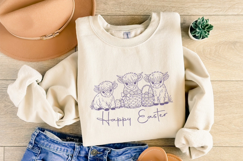 easter-day-highland-cow-png-cute-easter-png-retro-easter-png-happy