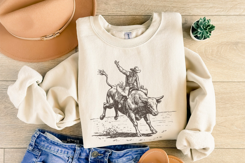 western-rodeo-png-cowboy-bull-rider-retro-illustration-bucking-bull