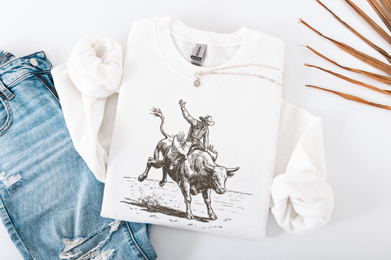 western-rodeo-png-cowboy-bull-rider-retro-illustration-bucking-bull