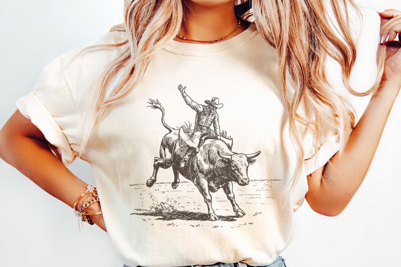 western-rodeo-png-cowboy-bull-rider-retro-illustration-bucking-bull