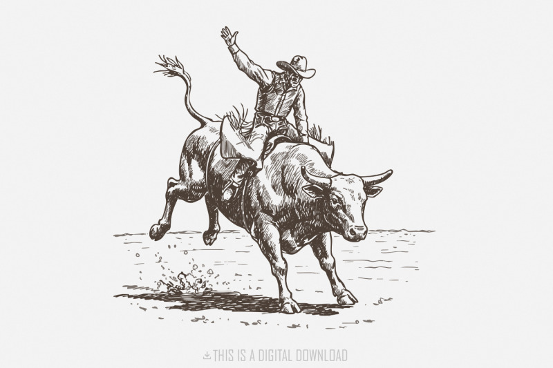 western-rodeo-png-cowboy-bull-rider-retro-illustration-bucking-bull