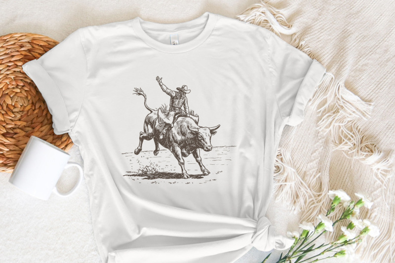 western-rodeo-png-cowboy-bull-rider-retro-illustration-bucking-bull