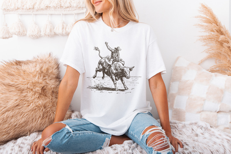western-rodeo-png-cowboy-bull-rider-retro-illustration-bucking-bull
