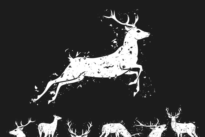 set-of-graphic-design-deer-head-silhouette-with-horns-in-grunge-scratched-style-white-on-black-background-vector-illustration