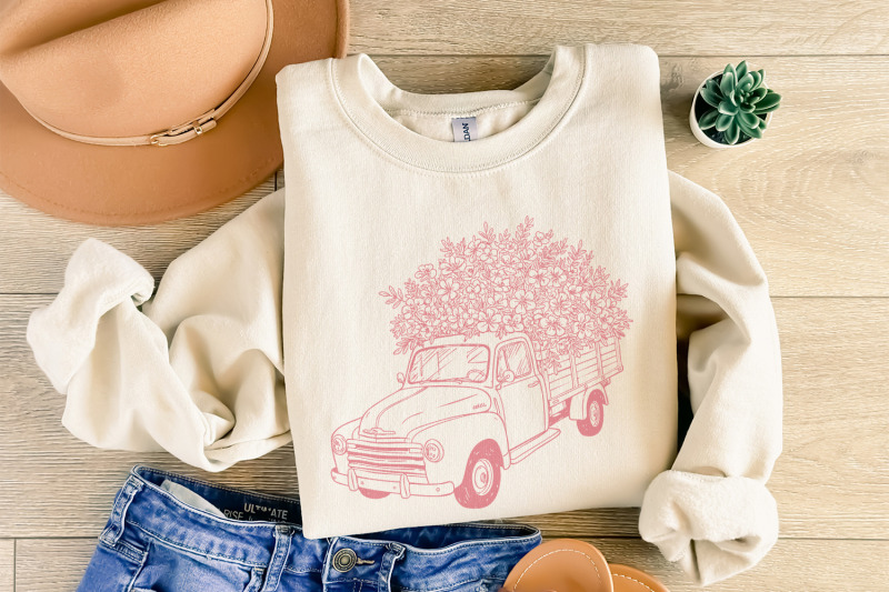 pink-floral-vintage-farm-truck-png-cottagecore-flower-pickup-illustra