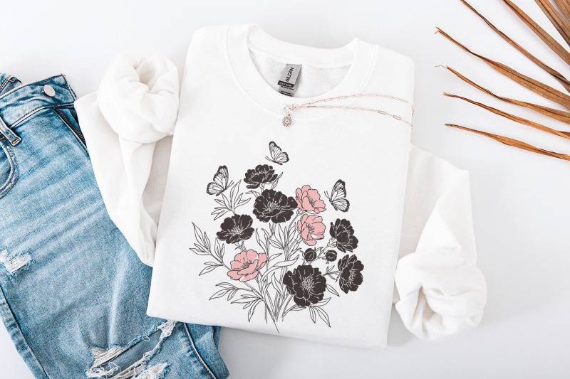 floral-bouquet-png-pink-and-black-wildflowers-with-butterflies-clipar