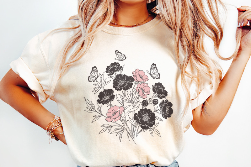 floral-bouquet-png-pink-and-black-wildflowers-with-butterflies-clipar