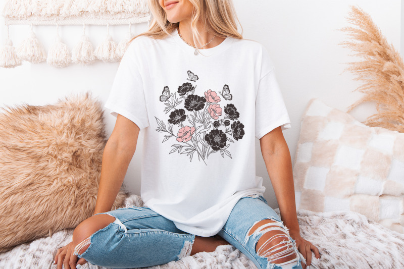 floral-bouquet-png-pink-and-black-wildflowers-with-butterflies-clipar
