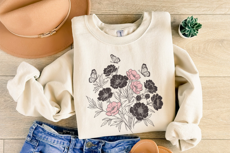 floral-bouquet-png-pink-and-black-wildflowers-with-butterflies-clipar