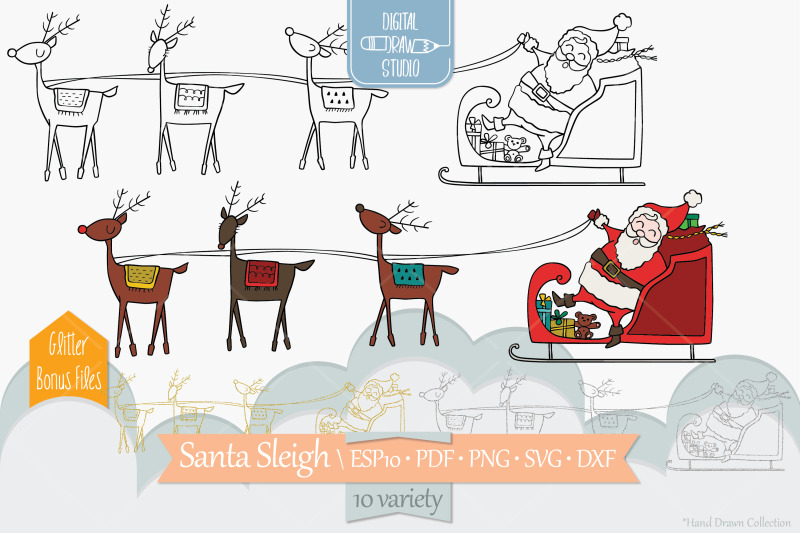 santa-claus-sleigh-amp-rudolf-reindeer-hand-drawn-christmas