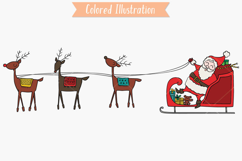 santa-claus-sleigh-amp-rudolf-reindeer-hand-drawn-christmas