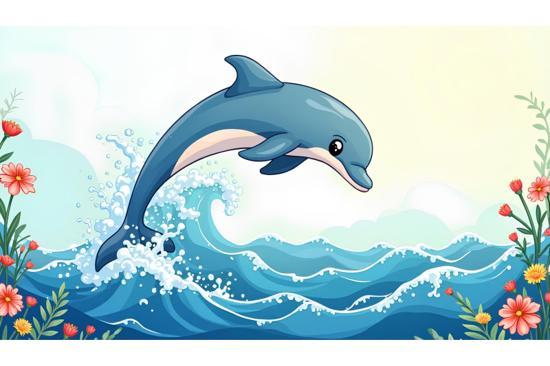 a-cartoon-dolphin-jumping-over-waves-in-the-ocean