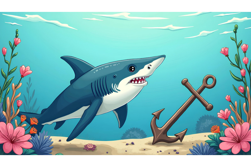 a-cartoon-hammerhead-shark-curiously-observing-a-sunken-anchor