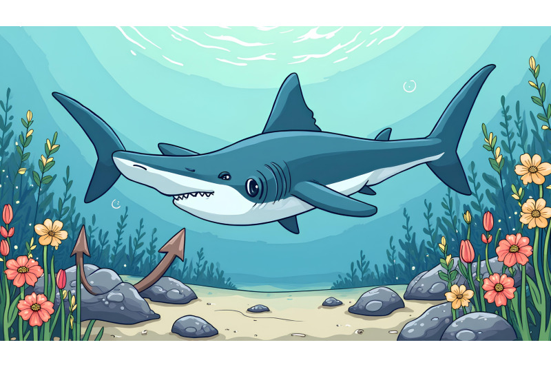 a-cartoon-hammerhead-shark-curiously-observing-a-sunken-anchor