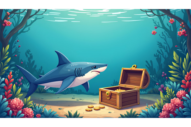 a-cartoon-hammerhead-shark-discovering-a-sunken-treasure-chest