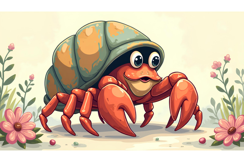 a-cartoon-hermit-crab-carrying-a-colorful-shell-on-its-back