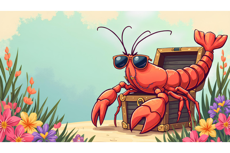 a-cartoon-lobster-wearing-sunglasses-near-a-treasure-chest