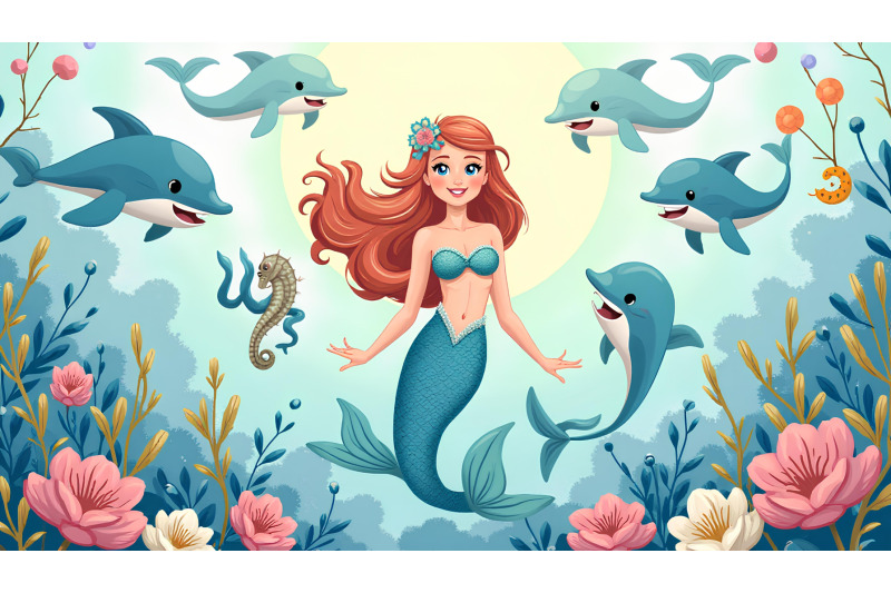 a-cartoon-mermaid-surrounded-by-playful-dolphins-and-seahorses