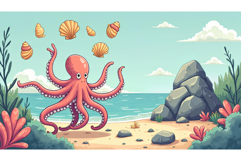 a-cartoon-octopus-juggling-seashells-near-a-rock-formation