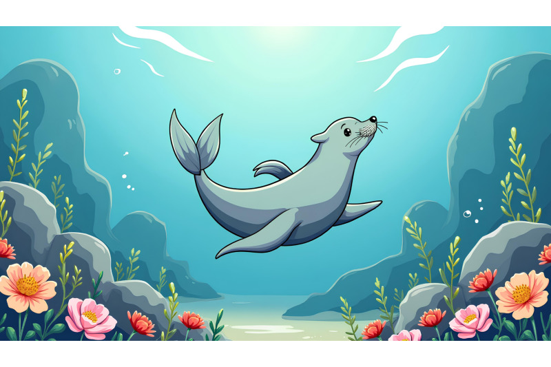 a-cartoon-sea-lion-swimming-near-underwater-rocks