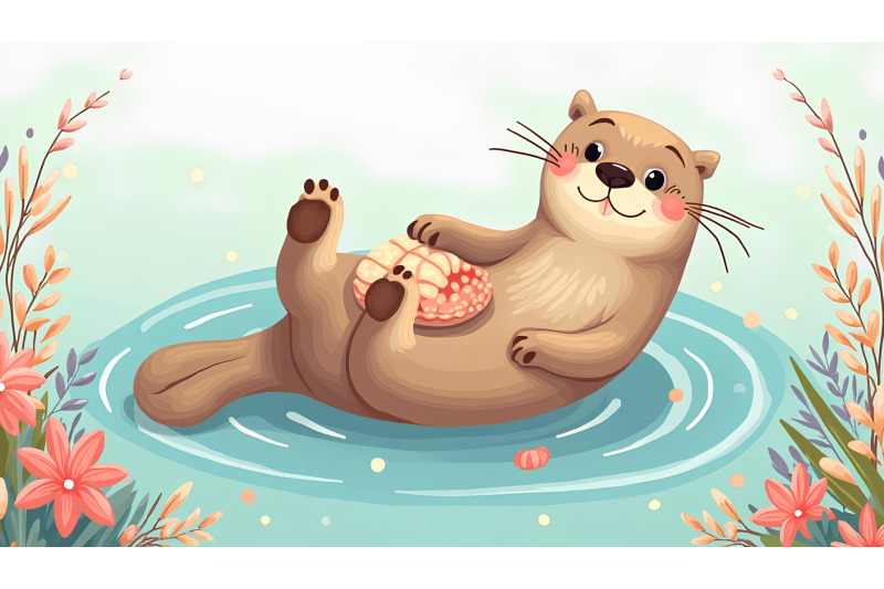 a-cartoon-sea-otter-floating-on-its-back-with-a-shell