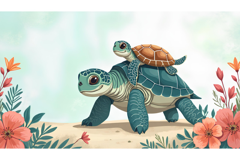 a-cartoon-sea-turtle-carrying-a-baby-turtle-on-its-back