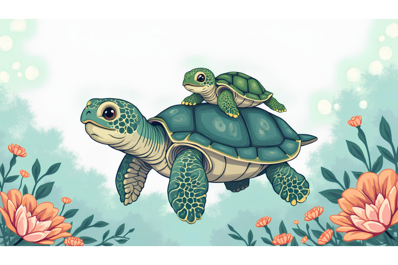 a-cartoon-sea-turtle-carrying-a-baby-turtle-on-its-back