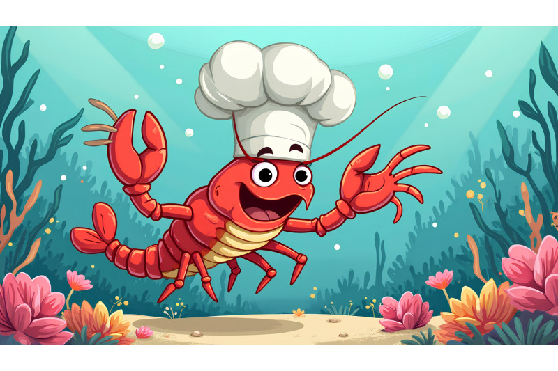 a-funny-cartoon-lobster-holding-a-chefs-hat-under-the-sea