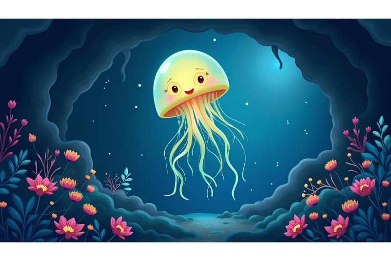 a-glowing-cartoon-jellyfish-floating-near-a-mysterious-cave